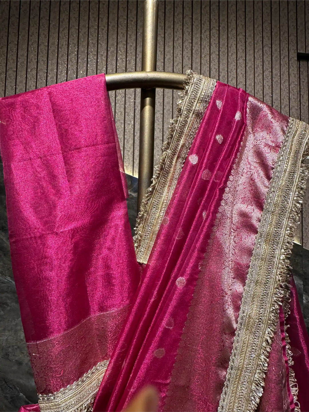 Ready To Wear Rani Pink Tissue Designer Lace Work Banarasi Saree 