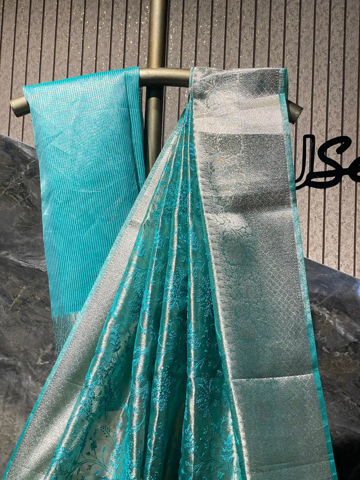 Ready To Wear Sea Green Chikankari Embroidered Tissue Saree