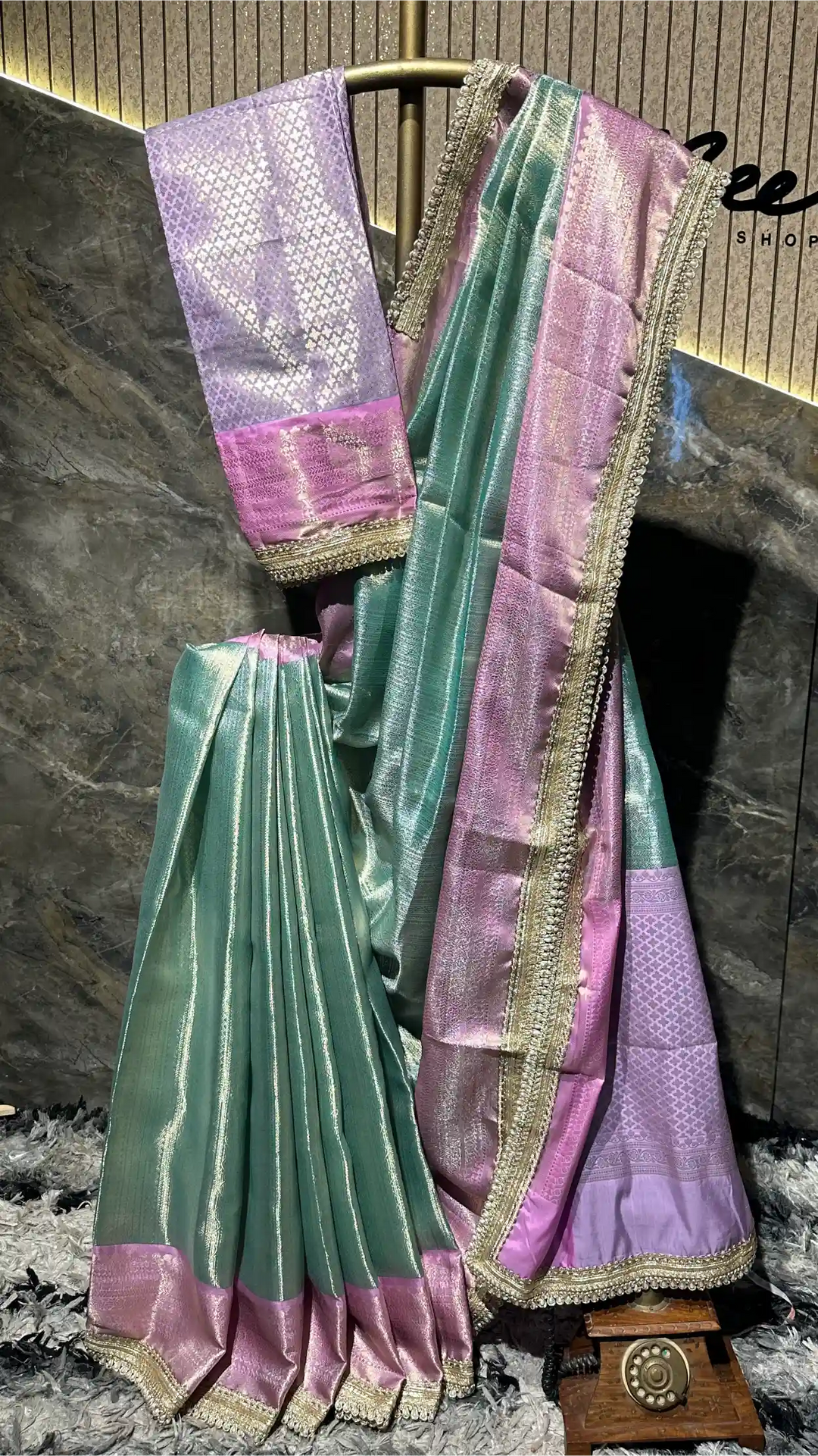 Ready To Wear Sea Green Kanjivaram Brocade Tissue Designer Lace Work Saree