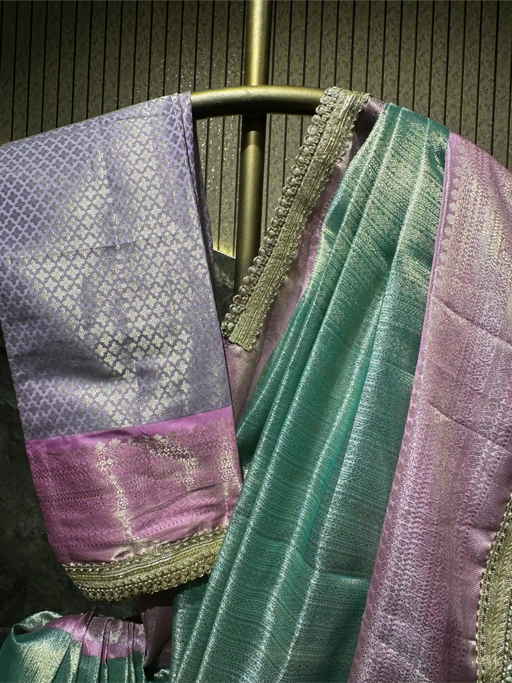 Ready To Wear Sea Green Kanjivaram Brocade Tissue Designer Lace Work Saree