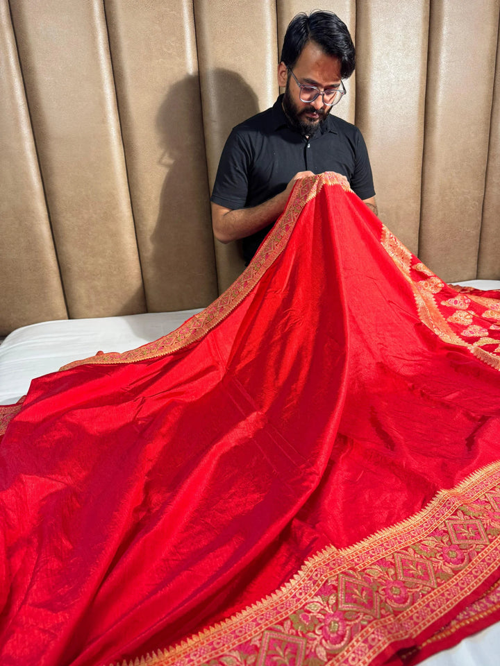 Red Banarasi Georgette Silk Saree with Rich Pallu and Blouse