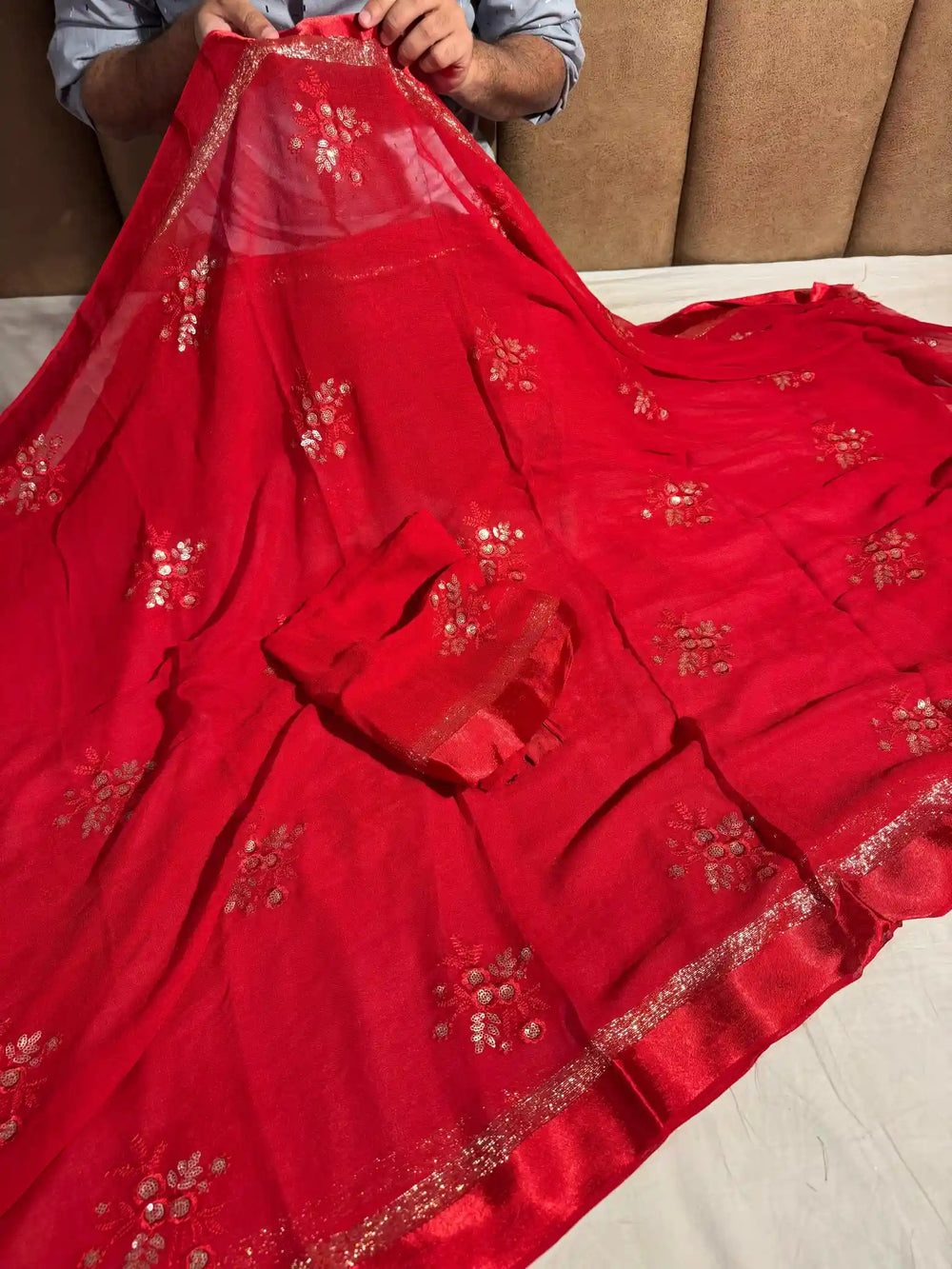 Red Banarasi Georgette Silk Saree with Thread Sequence Work