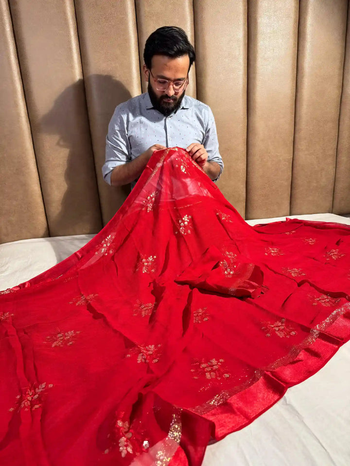 Red Banarasi Georgette Silk Saree with Thread Sequence Work