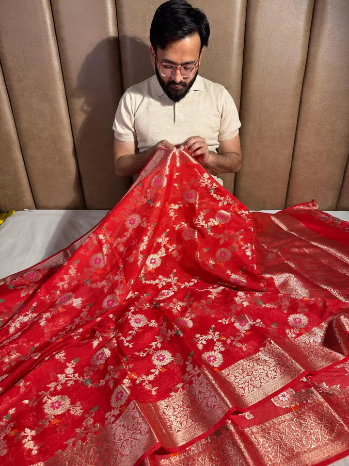 Red Banarasi Warm Silk Saree with Meenakari Jaal Work and Rich Pallu