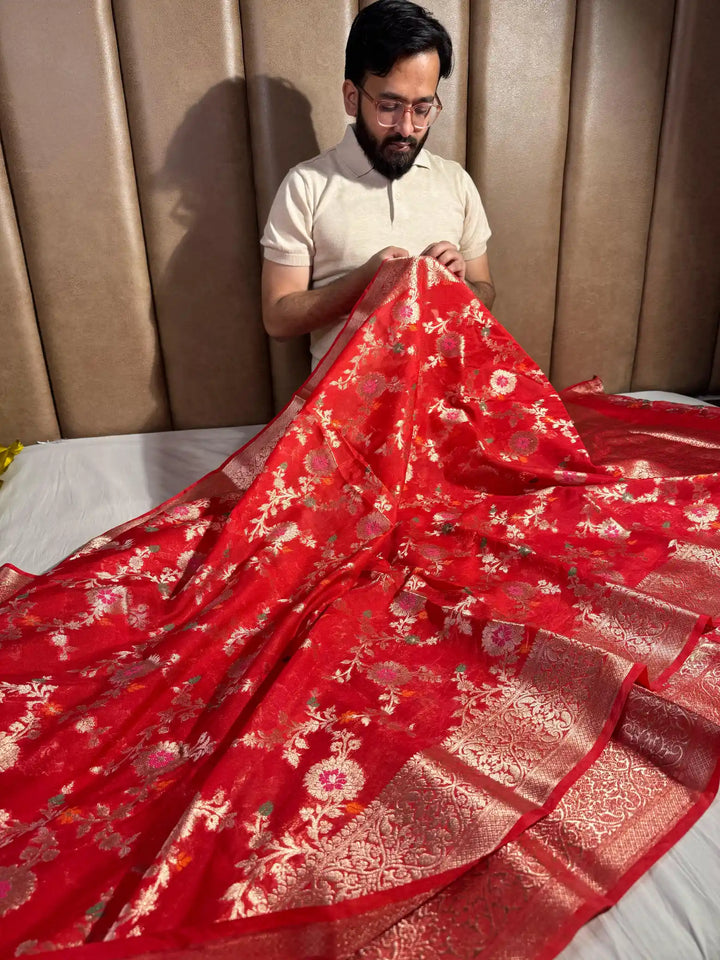 Red Banarasi Warm Silk Saree with Meenakari Jaal Work and Rich Pallu