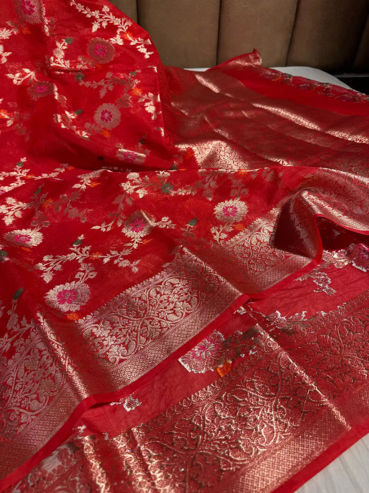 Red Banarasi Warm Silk Saree with Meenakari Jaal Work and Rich Pallu