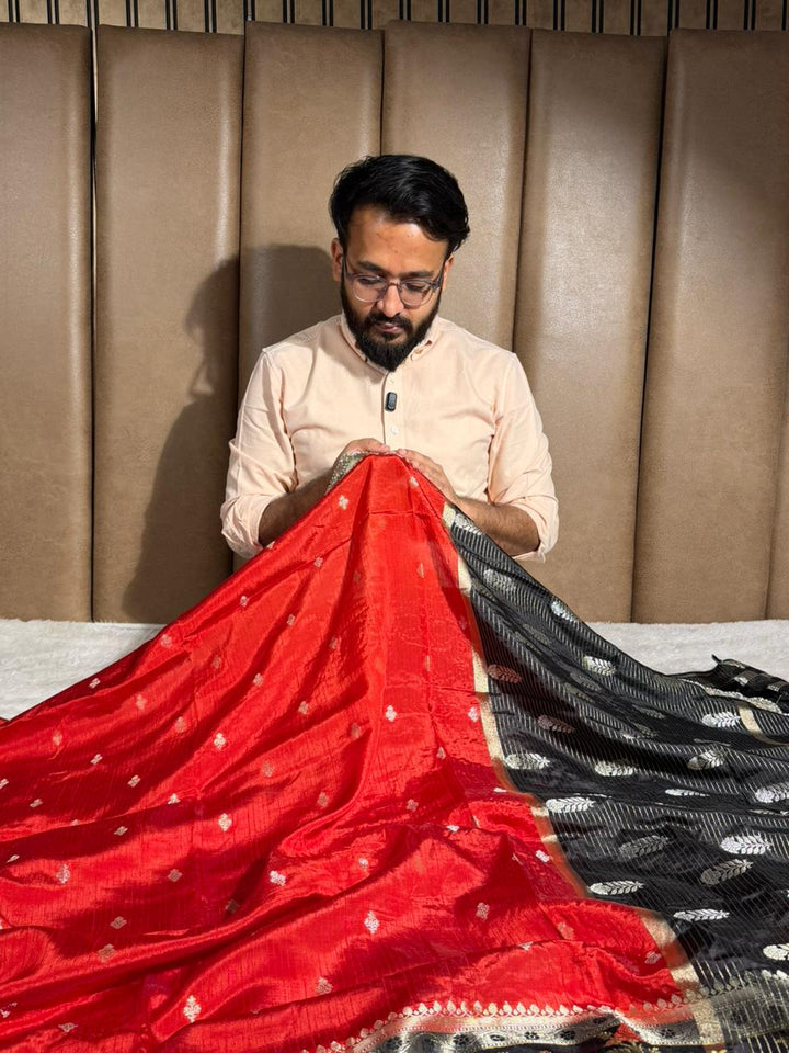 Red Black Premium Dupion Silk Lace Work Saree