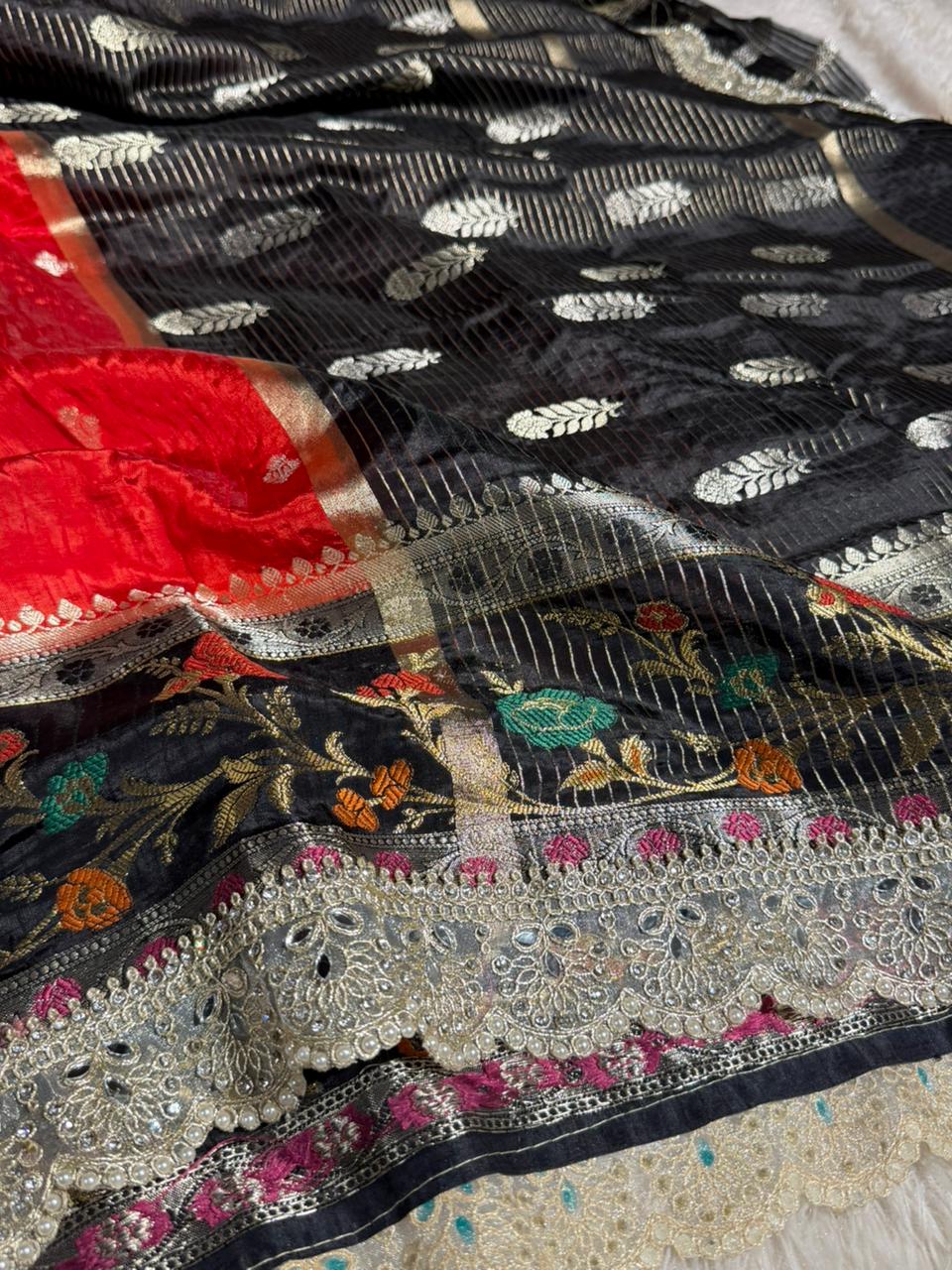 Red Black Premium Dupion Silk Lace Work Saree