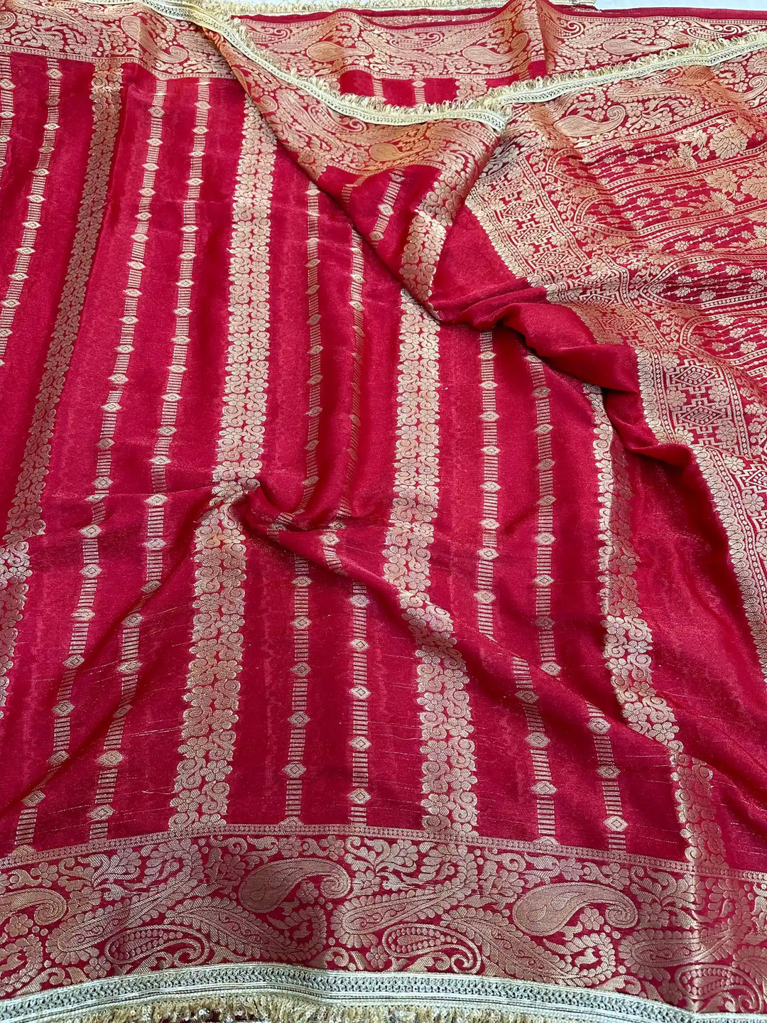 Red Chiniya Silk Designer Rich Lace Attached Banarasi Saree