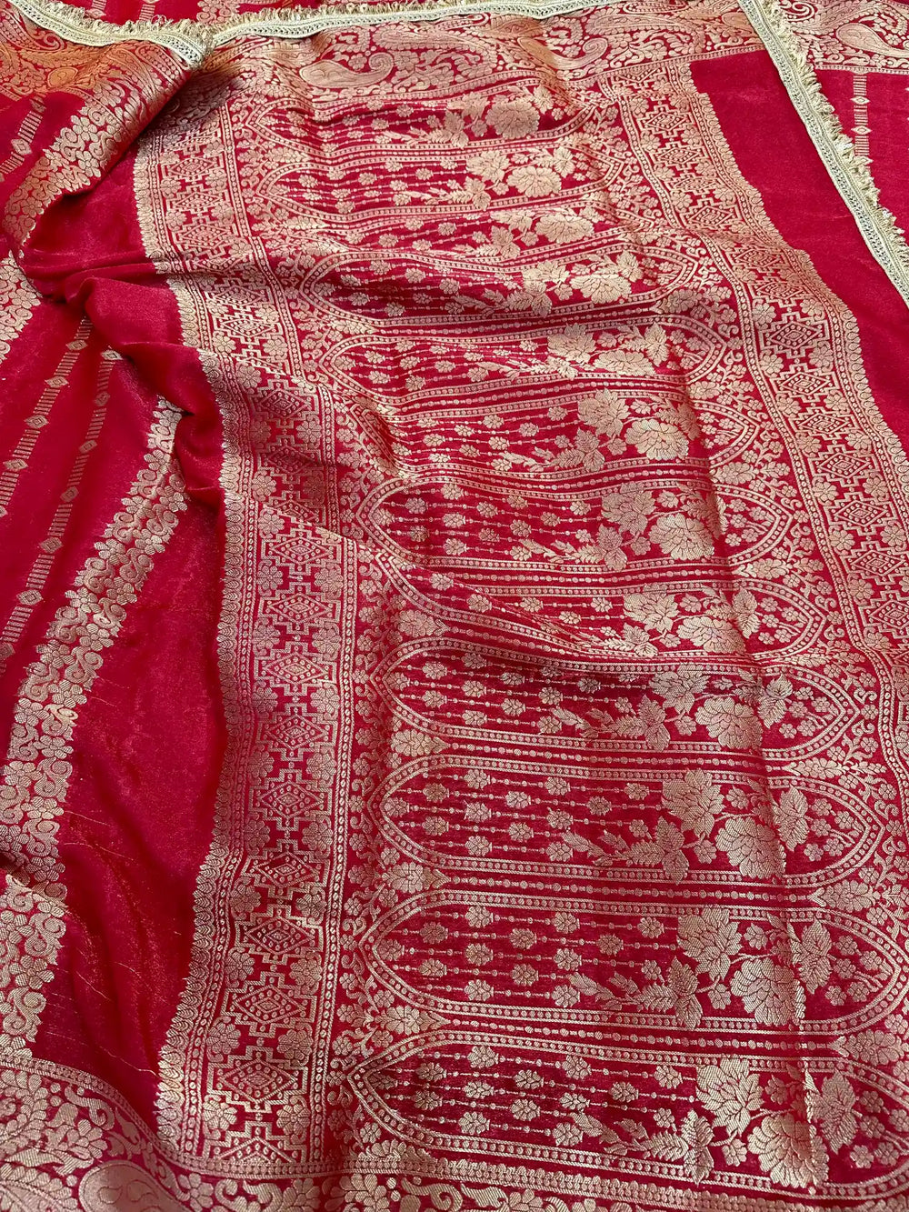 Red Chiniya Silk Designer Rich Lace Attached Banarasi Saree