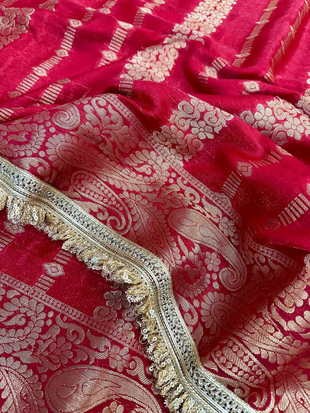 Red Chiniya Silk Designer Rich Lace Attached Banarasi Saree