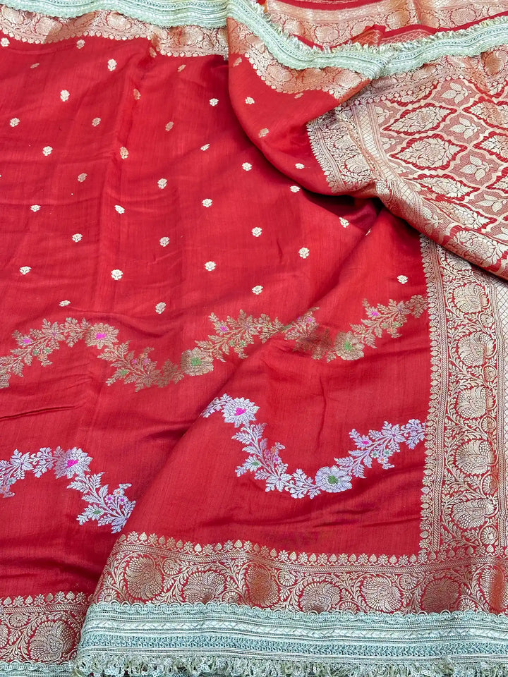 Red Meenakari Leheriya Chiniya Silk Lace Attached Banarasi Saree