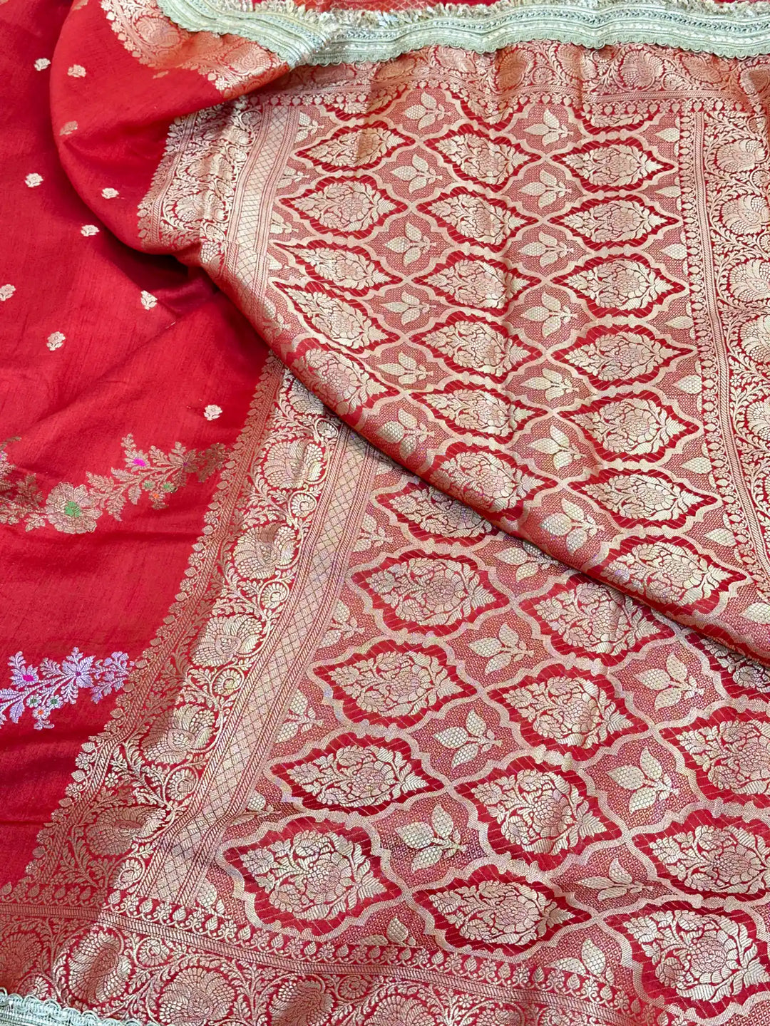 Red Meenakari Leheriya Chiniya Silk Lace Attached Banarasi Saree