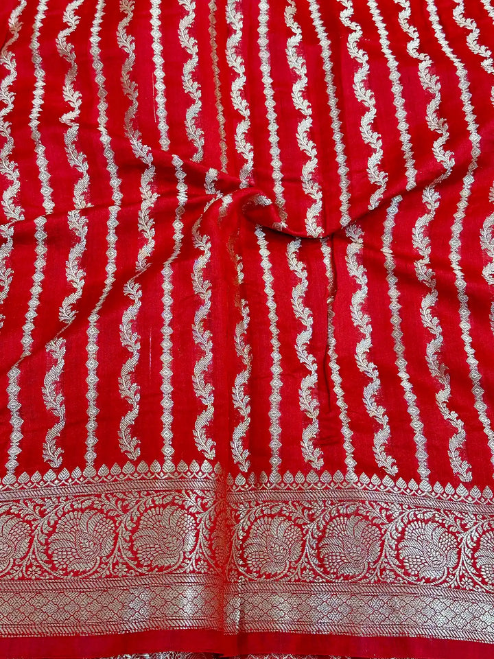 Red Meenakari Leheriya Chiniya Silk Lace Attached Banarasi Saree