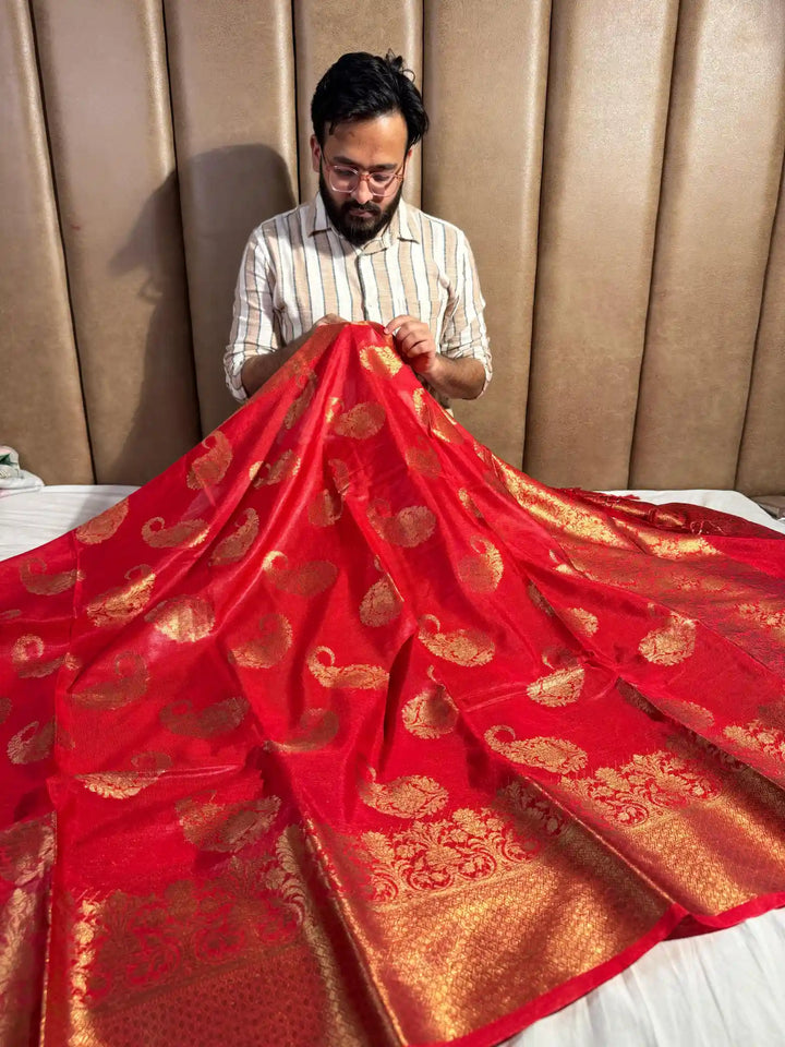 Red Premium Banarasi Warm Silk Saree with rich pallu and blouse