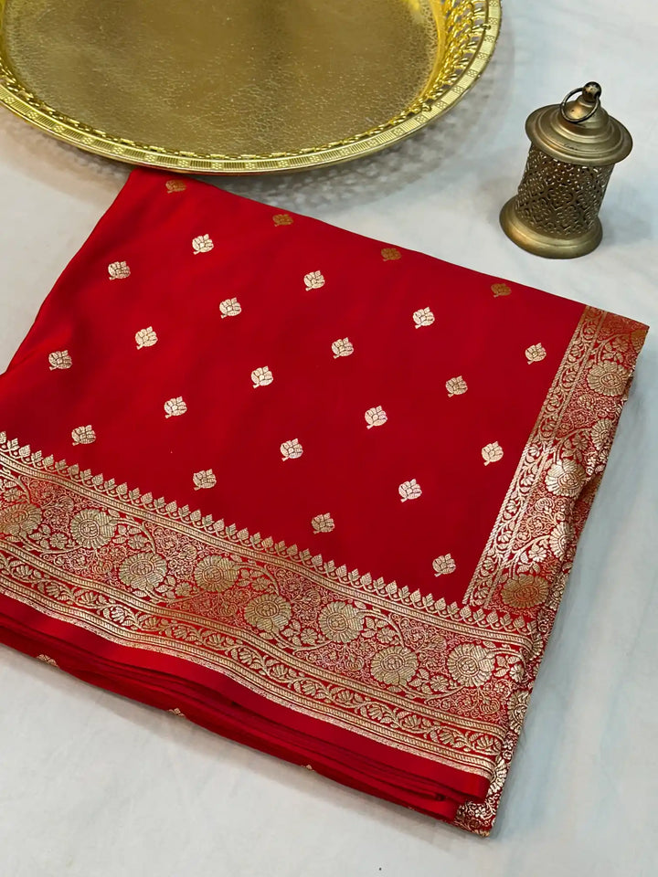 Red Satin Silk Saree with Buta Design and Classical Pallu 