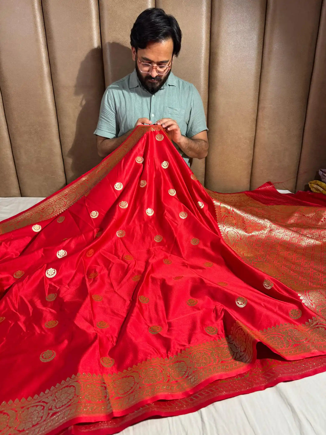 Red Satin Silk Saree with Rich Texture Design and Classical Pallu