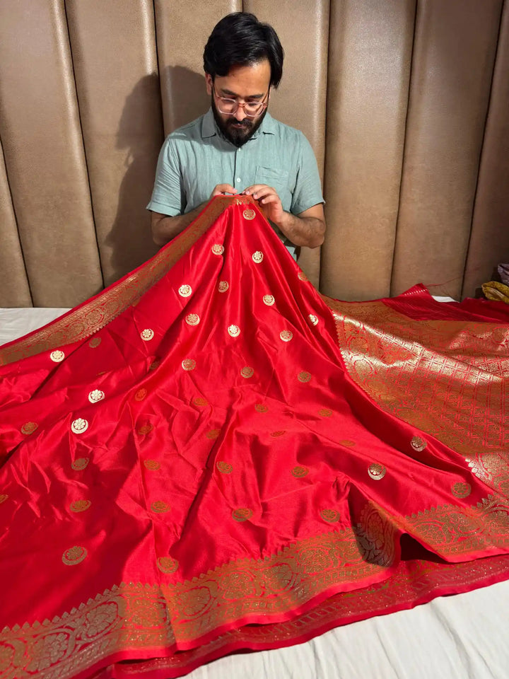 Red Satin Silk Saree with Rich Texture Design and Classical Pallu