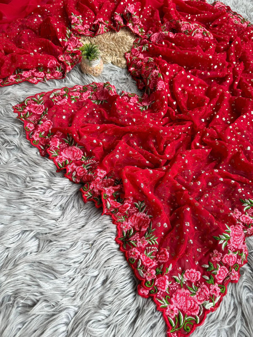 Red Premium Georgette Saree with Sequence Work and add-on Crochet Work Saree