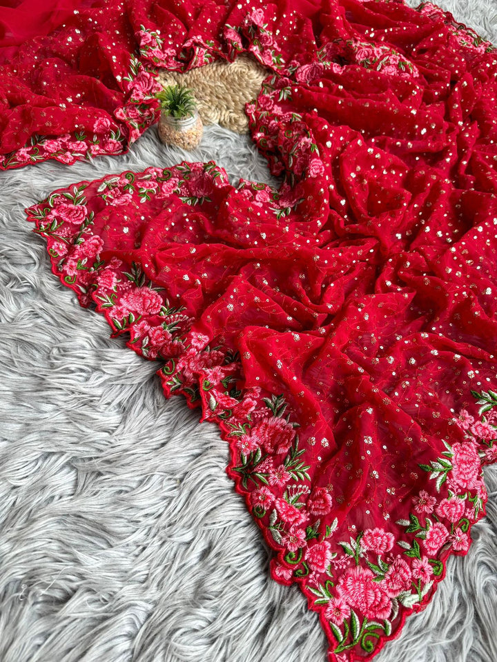 Red Premium Georgette Saree with Sequence Work and add-on Crochet Work Saree