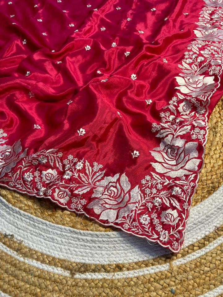 Red Premium Mashru Katan Silk Saree with Fancy Embroidery Work and Lace Work