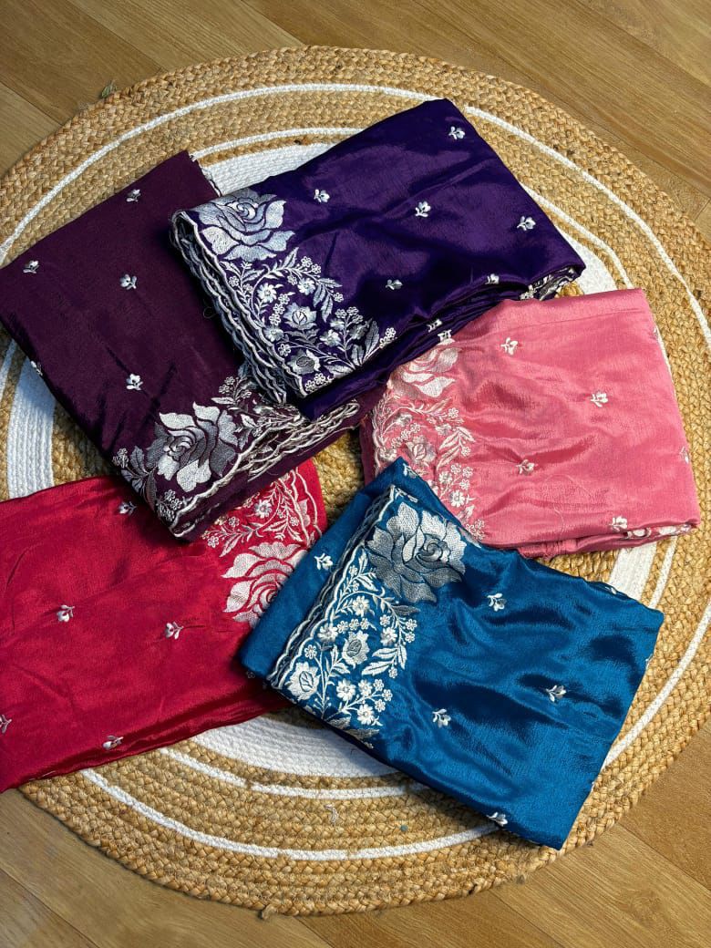 Red Premium Mashru Katan Silk Saree with Fancy Embroidery Work and Lace Work