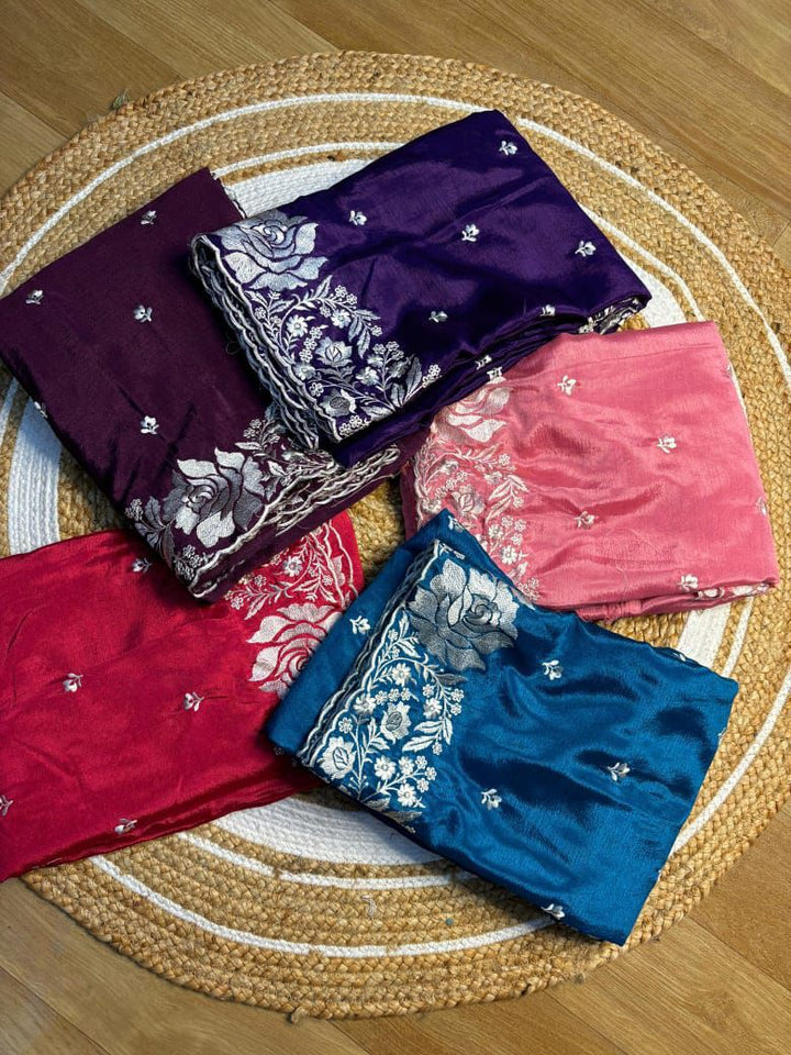Red Premium Mashru Katan Silk Saree with Fancy Embroidery Work and Lace Work