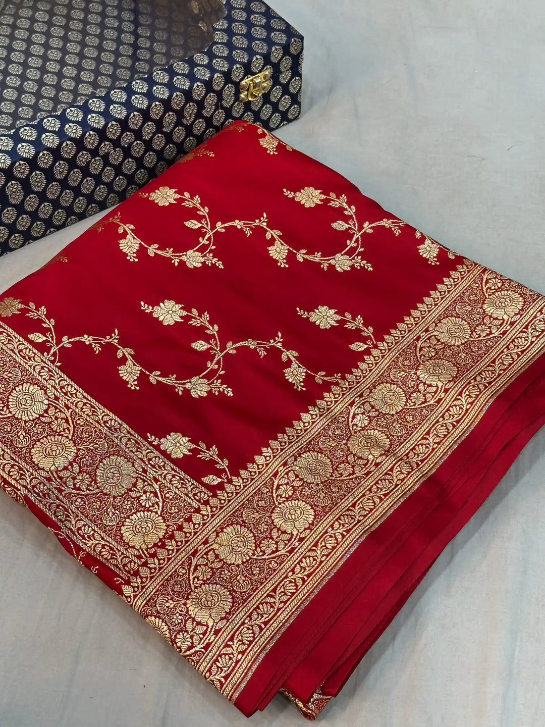 Red Satin Silk Saree with Rich Texture Design and Classical Pallu