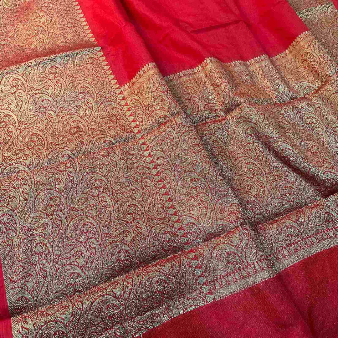 Red Warm Silk Kaat Bandh Weave Banarasi Saree