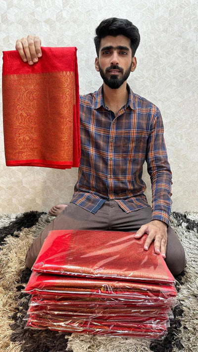 Red Warm Silk Kaat Bandh Weave Banarasi Saree