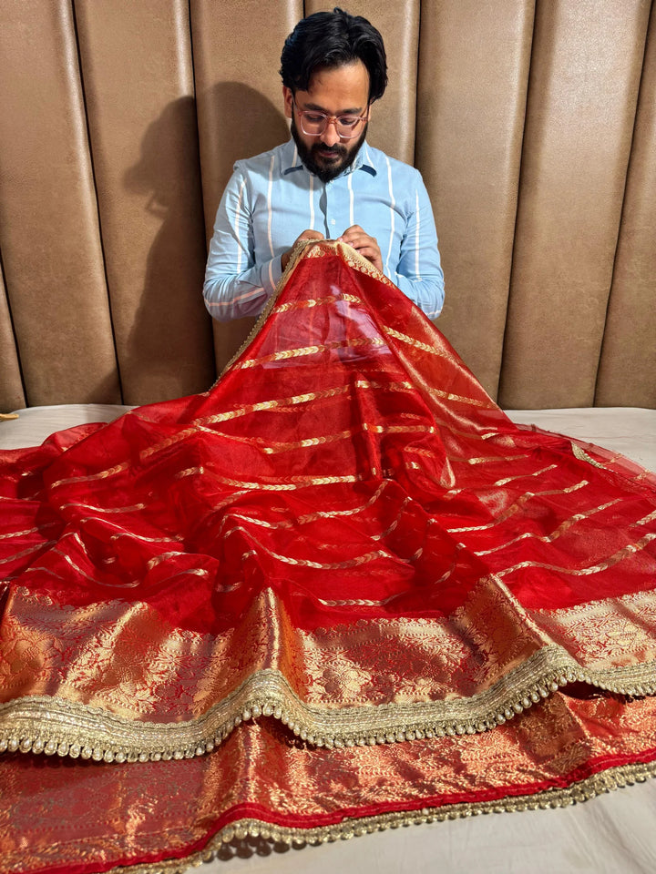 Red banarasi organza silk saree with premium lace work