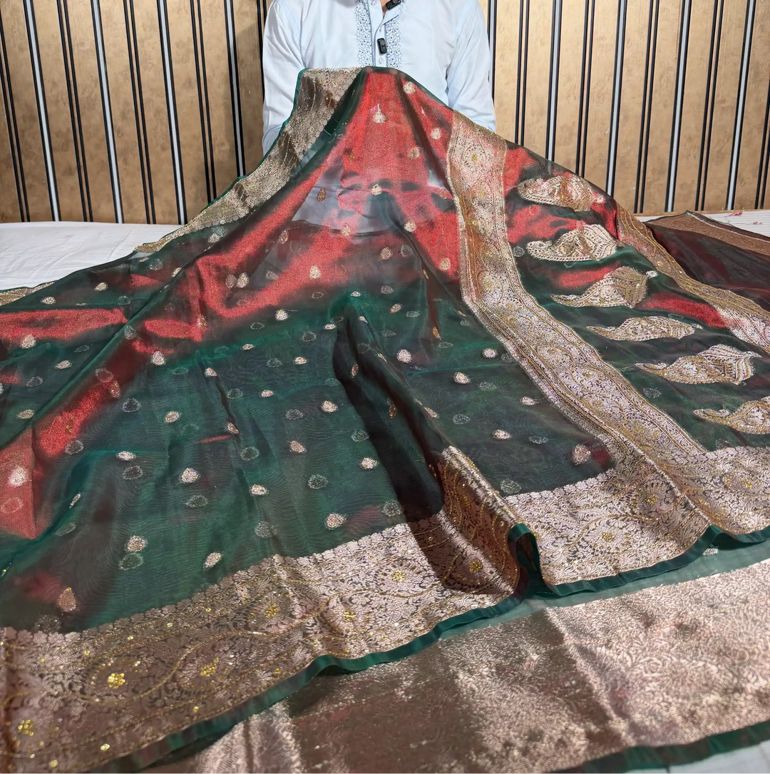 Reddish Green Heritage Tissue Silk Handwork Banarasi Saree
