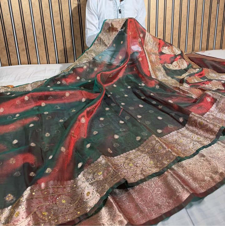 Reddish Green Heritage Tissue Silk Handwork Banarasi Saree