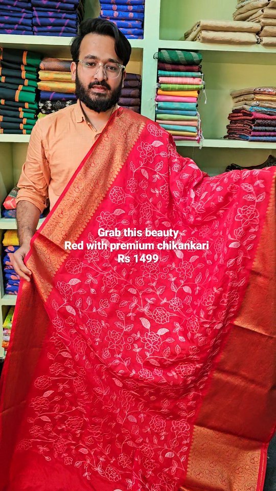 Premium Red chikankari work on warm silk saree