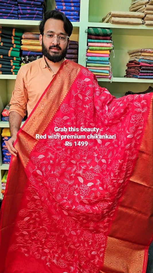 Premium Red chikankari work on warm silk saree