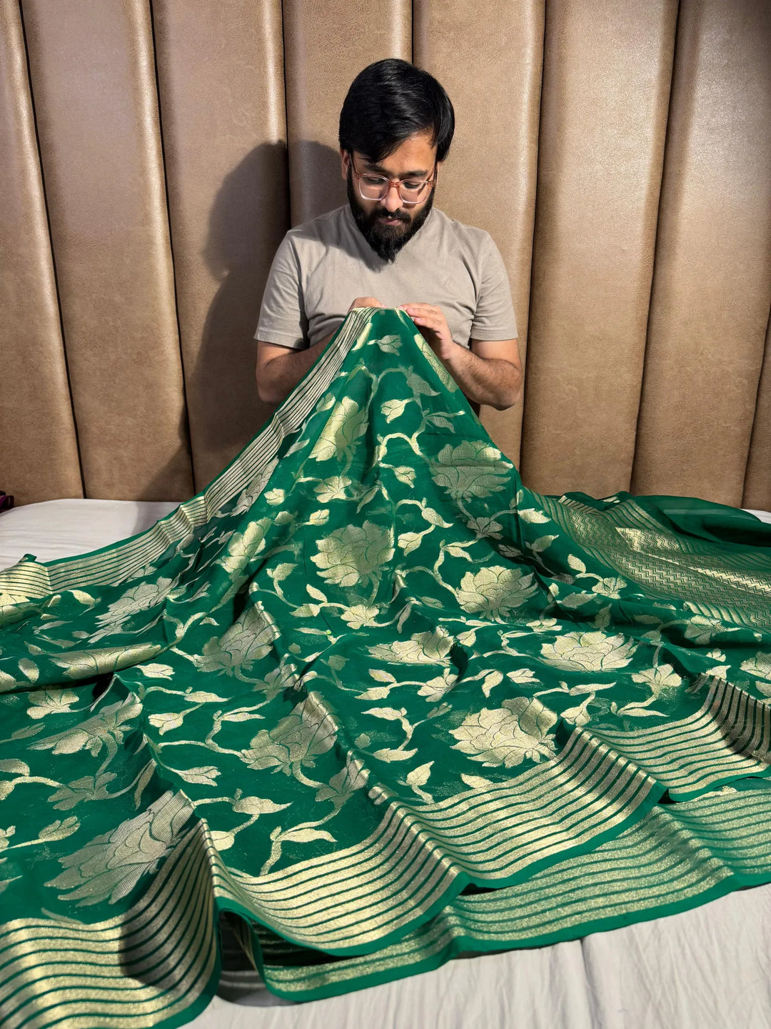 Rich Dark Green Pure Banarasi Khaddi Chiffon Saree with Rich Pallu
