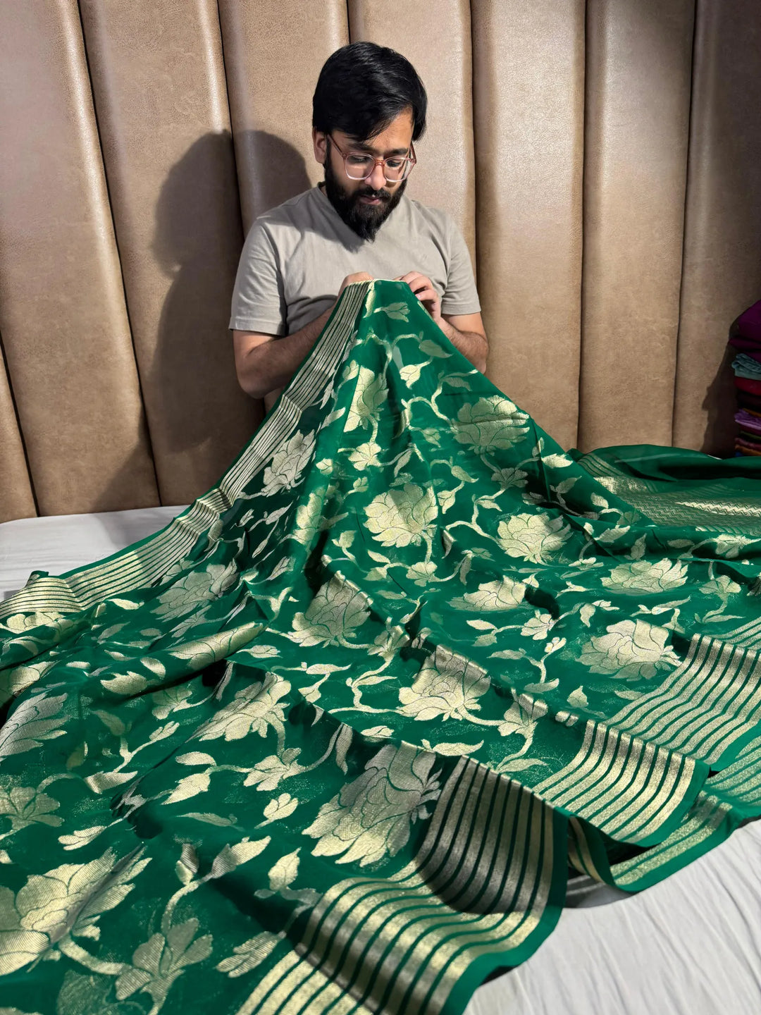 Rich Dark Green Pure Banarasi Khaddi Chiffon Saree with Rich Pallu