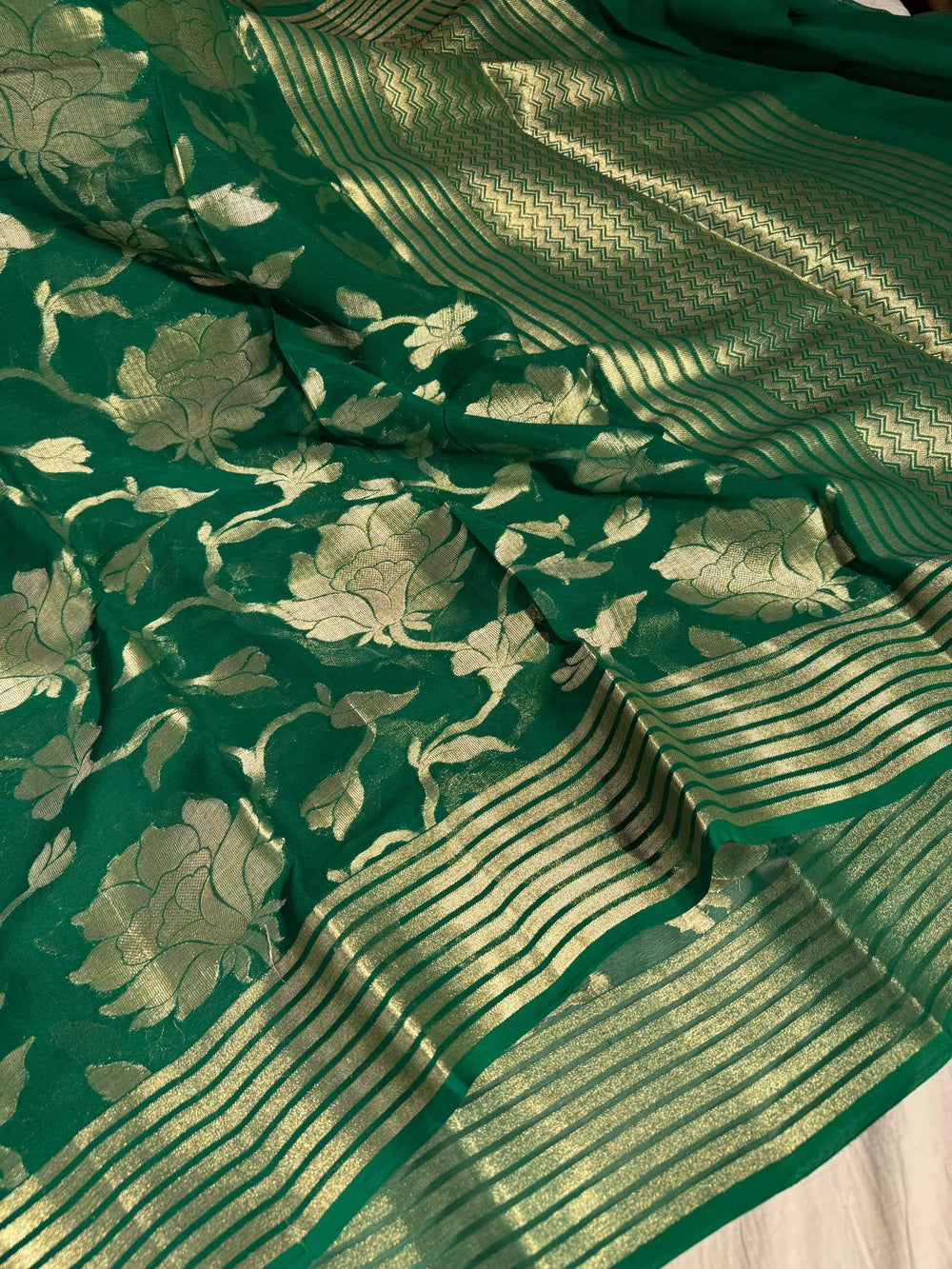 Rich Dark Green Pure Banarasi Khaddi Chiffon Saree with Rich Pallu
