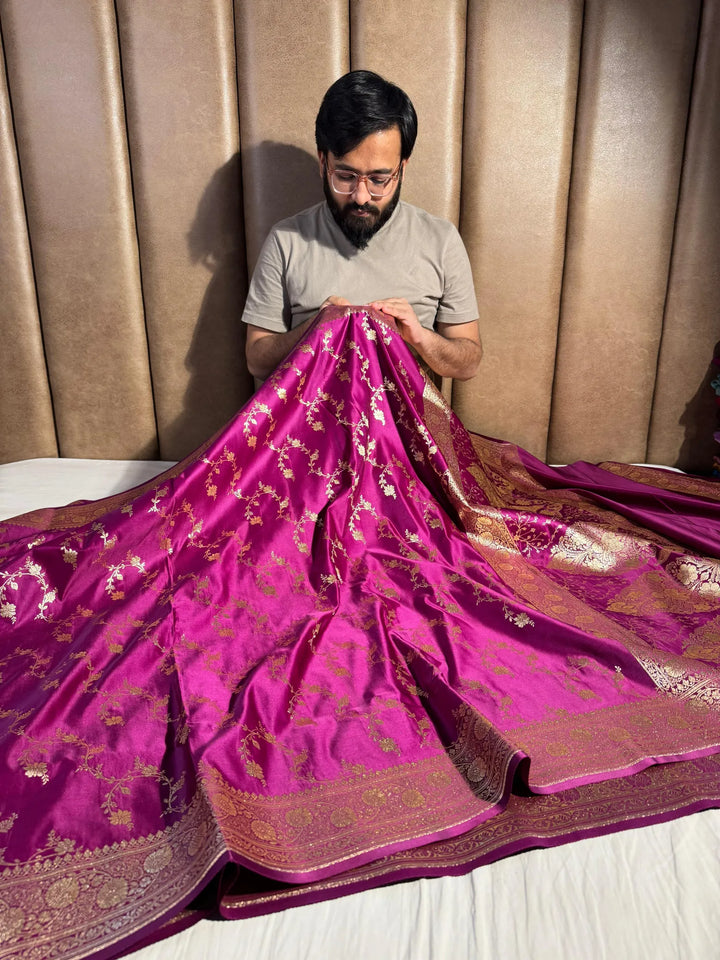 Rich purple shade satin silk saree with rich texture design and classical pallu