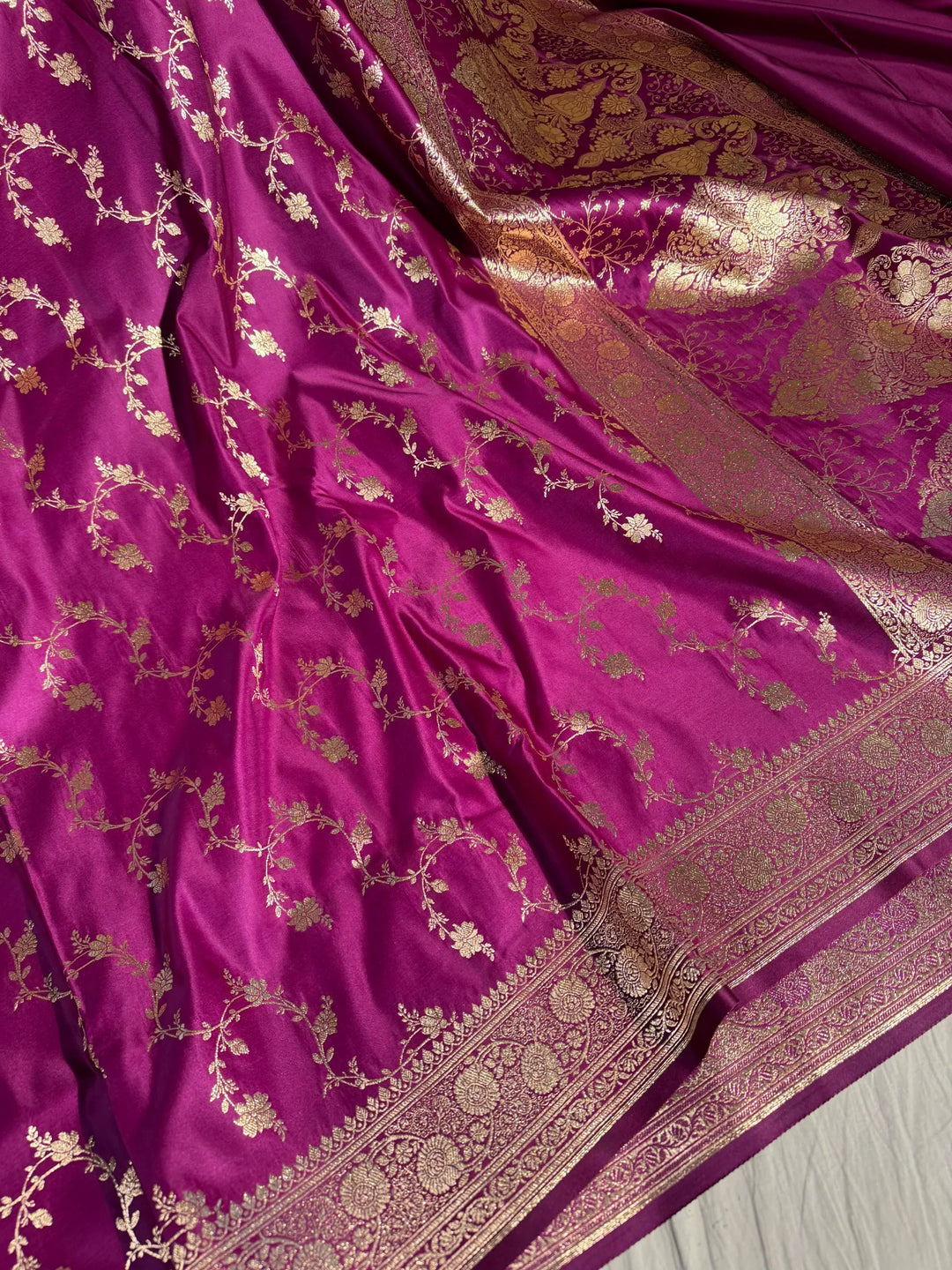 Rich purple shade satin silk saree with rich texture design and classical pallu