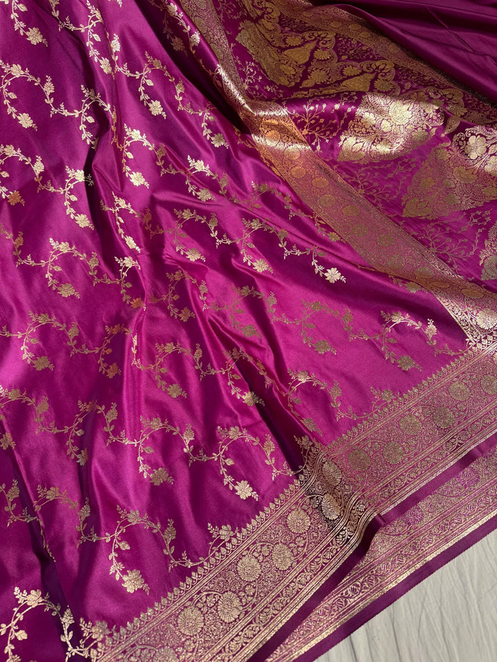 Rich purple shade satin silk saree with rich texture design and classical pallu