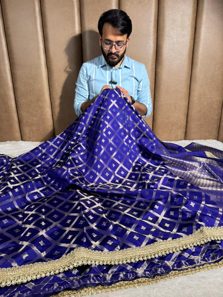 Royal Blue Chinia Silk Checkered Designer Banarasi Saree