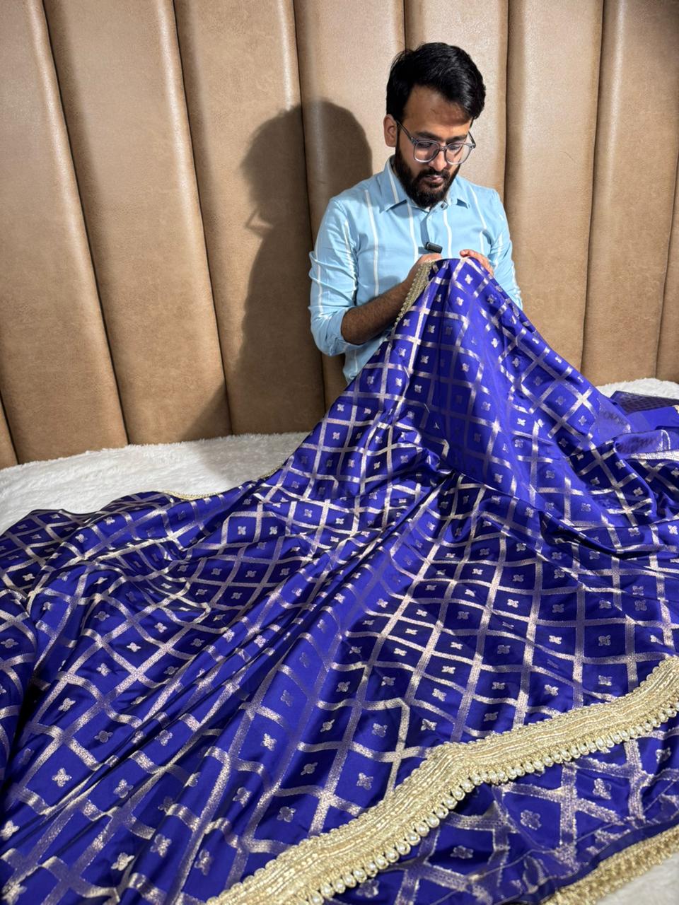 Royal Blue Chinia Silk Checkered Designer Banarasi Saree