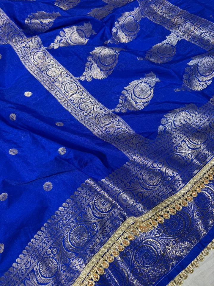Royal Blue Chinia Silk Premium Lace Attached Banarasi Saree
