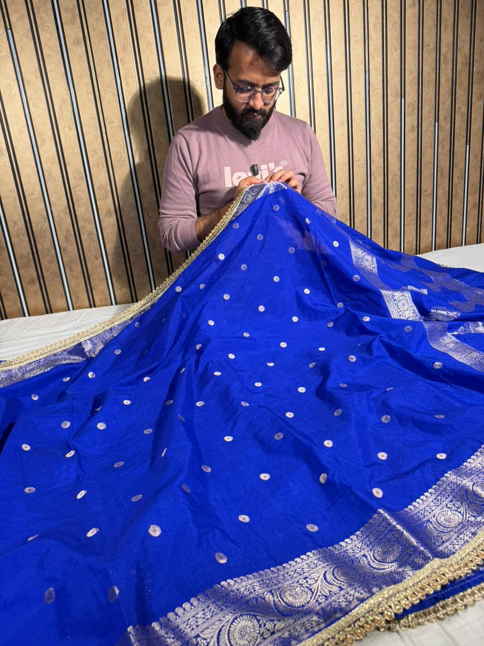 Royal Blue Chinia Silk Premium Lace Attached Banarasi Saree