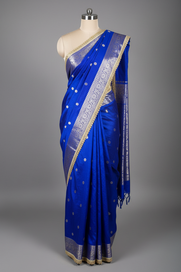 Royal Blue Chinia Silk Premium Lace Attached Banarasi Saree