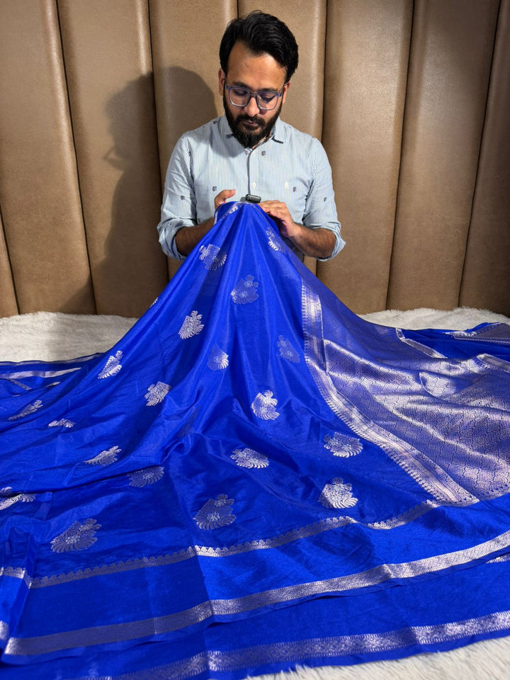 Royal Blue Chinia Silk Traditional Buta Weave Banarasi Saree