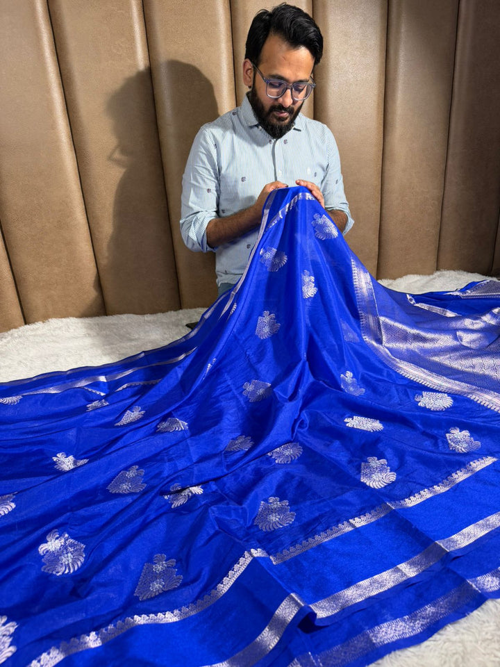 Royal Blue Chinia Silk Traditional Buta Weave Banarasi Saree