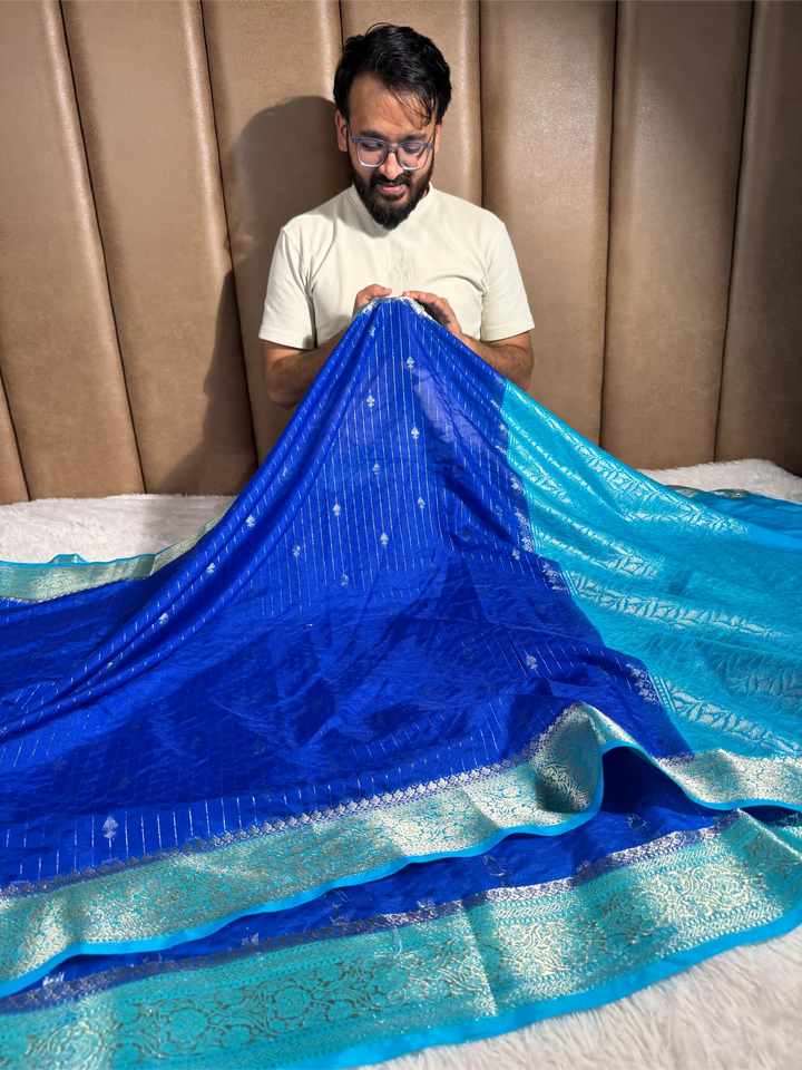 Royal Blue Chinia Silk with Contrast Firozi Border Banarasi Saree