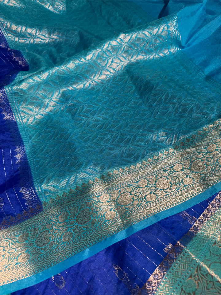 Royal Blue Chinia Silk with Contrast Firozi Border Banarasi Saree